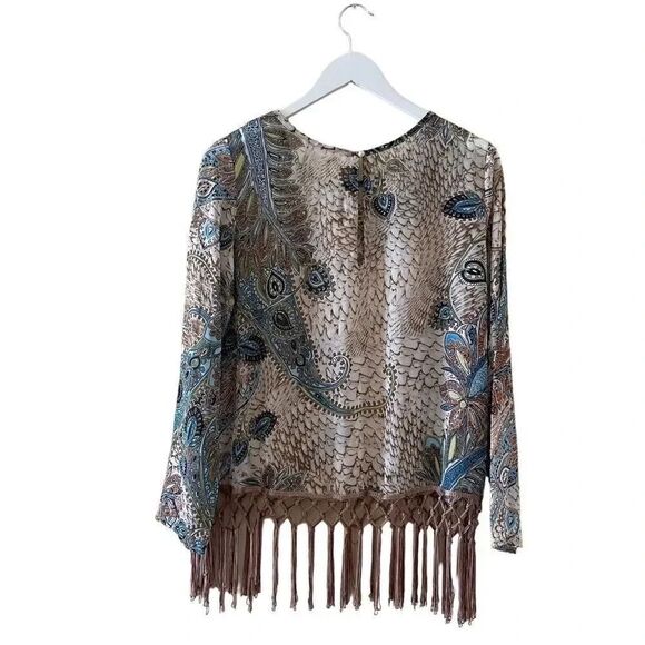 I& N Millenium Bohemian Neutral Multicolor Fringe Keyhole Crewneck SZ L #1290 - Picture 8 of 12